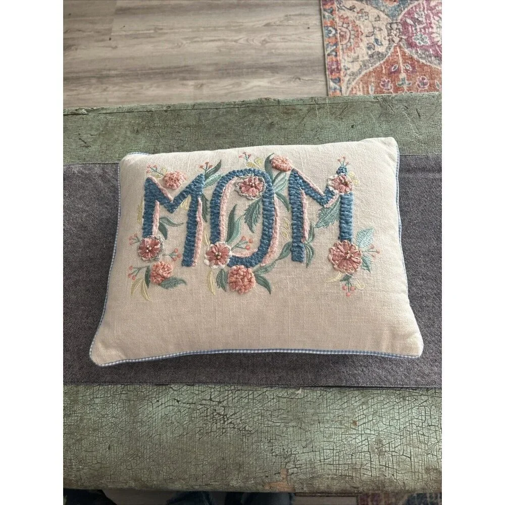 Embroidered Cotton Throw Pillow - Mom